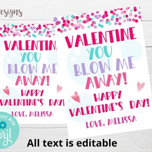 Puede incluir: Dos tarjetas imprimibles de San Valentín con un fondo de confeti rosa, azul y morado. El texto en las tarjetas dice "Valentine You Blow Me Away! Happy Valentine's Day! Love, Melissa".