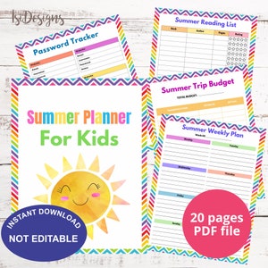 Printable Summer Planner for Kids, Instant download, Fillable PDF Planner, Summer Activities Checklist, Kids Summer Routine, Chores Chart