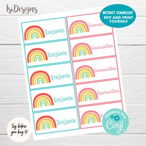 Bearbeitbare Regenbogen-Namensetiketten, Sofort-Download, Regenbogen-Namensschilder, Etiketten für Bücher und Schulbedarf