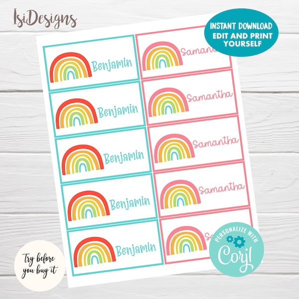 Rainbow Editable Name Labels, Instant Download, Rainbow Name Tags, Books and School Supplies Labels