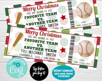 Baseball Game Tickets, Instant Download, Editable Surprise Gift Ticket, Christmas Baseball Game Ticket, Gift for him