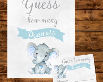 Blauwe olifant baby shower pinda's raadspel, blauw en grijs raad eens hoeveel pinda's spel, Instant Download, jongen baby shower raadspel