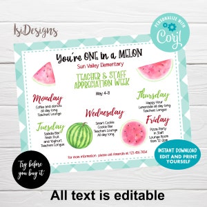 Teacher Appreciation Week, Instant Download, Editable Itinerary Flyer, Appreciation Week Schedule Events Template, You are One in a Melon