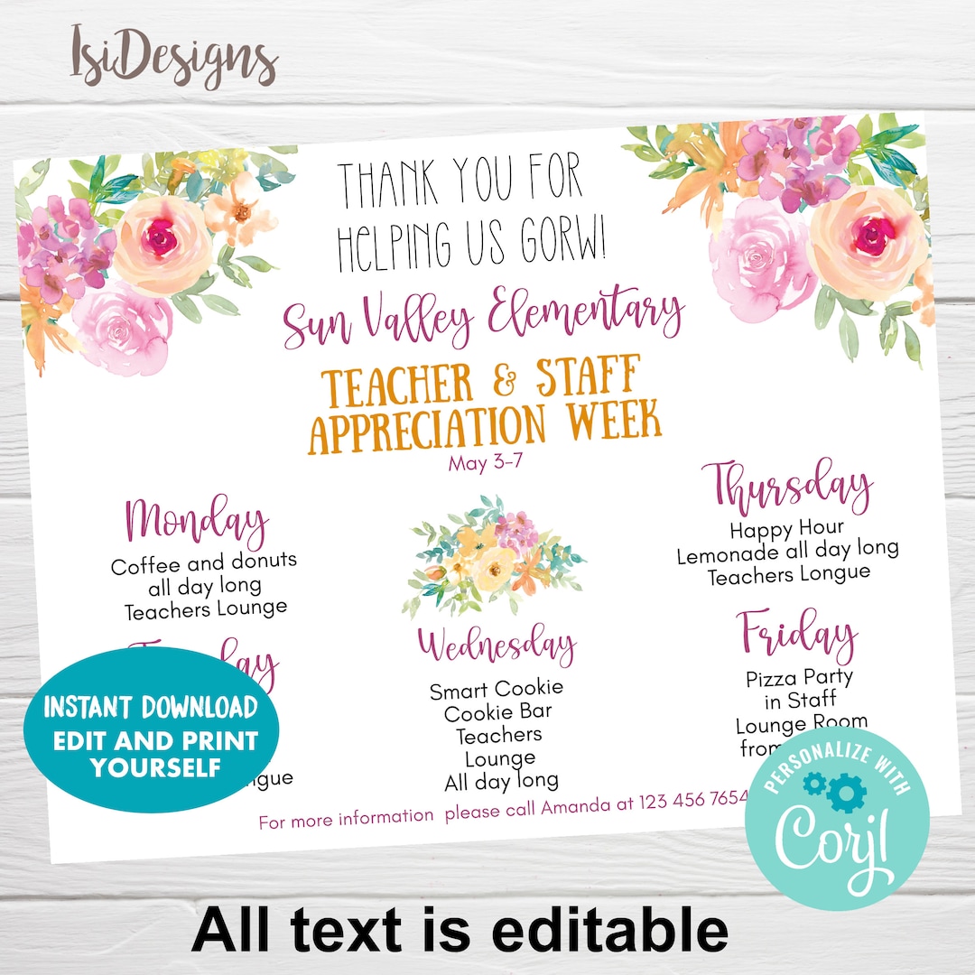 Teacher & Staff Appreciation Week, Editable Itinerary Schedule, Helping ...