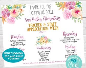 Teacher & Staff Appreciation Week, Editable Itinerary Schedule, Helping Us Grow, Floral Appreciation Week Flyer, Event Planner Template