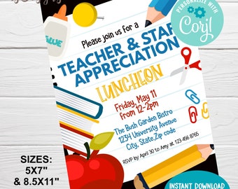 May include: Printable invitation for a Teacher & Staff Appreciation Luncheon. The invitation features a red apple, a pencil, a pair of scissors, and paper clips on a black and white lined background. The text reads "Please join us for a Teacher & Staff Appreciation Luncheon, Friday, May 11 from 12-2pm, The Bush Garden Bistro, 1234 University Avenue, City, State, Zip code, RSVP by April 30 to Amy at 123 456 8765".