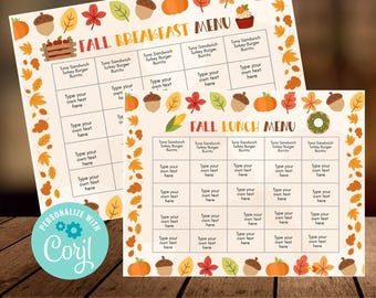 Editable Kids Meal Planner | Fall School Lunch Menu Template | Seasonal Nutrition Tracker for Families | Printable Meal Organizer