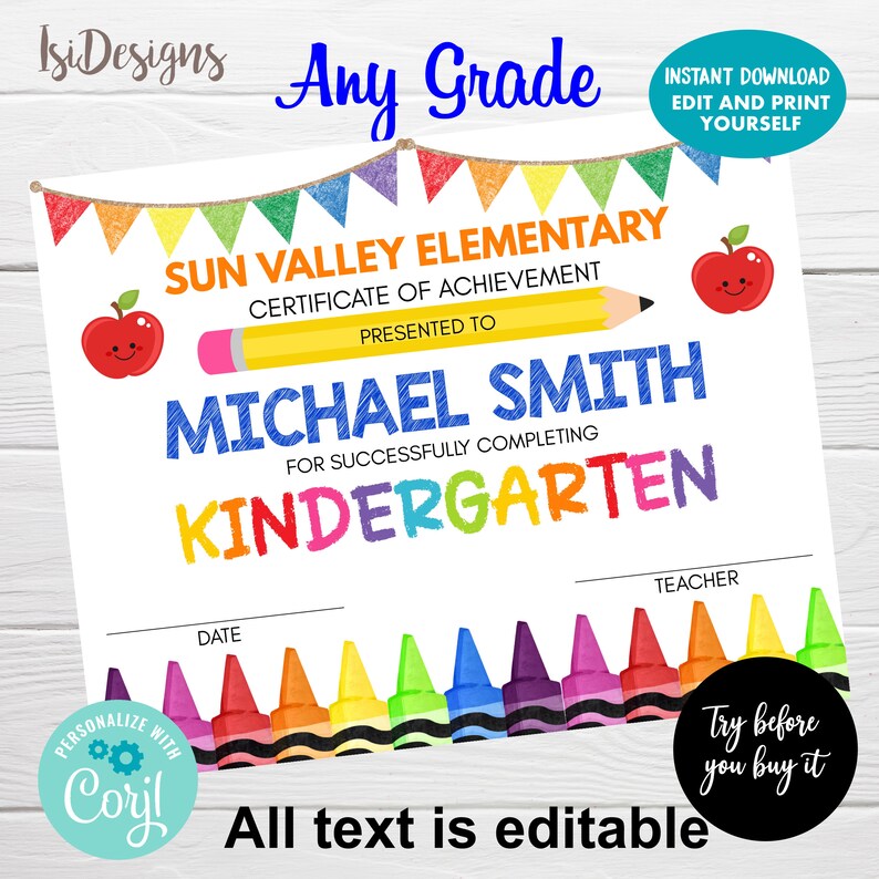 Peut inclure: Un certificat d'obtention imprimable pour la fin de la maternelle. Le certificat est d&eacute;cor&eacute; de crayons de couleur, d'une pomme rouge et d'un crayon jaune. Le texte indique "Sun Valley Elementary Certificat de r&eacute;ussite Remis &agrave; [Nom] Pour avoir termin&eacute; avec succ&egrave;s la maternelle".