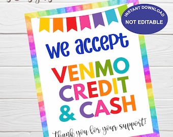 Payment method sign, We Accept Venmo Credit and Cash Printable Sign, Cookie booth, Girls Cookie Sale Payment Sign, Vendor Table Sign