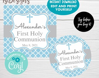 First Communion Favor Tags, Instant Download, Editable Holy Communion Blue Gift Tags, Etiquetas Primera Comunión