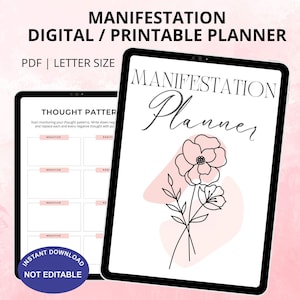 Puede incluir: Planificador digital imprimible con el texto "MANIFESTATION" en la parte superior. El planificador presenta un diseño floral y la palabra "Planner" en cursiva. La imagen también incluye una hoja de trabajo de patrones de pensamiento. El planificador está disponible en formato PDF y tamaño carta.