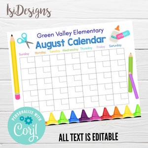 Può includere: Un calendario di agosto stampabile con un tema scolastico. Il calendario ha un titolo che dice "Green Valley Elementary August Calendar". Il calendario ha spazi per ogni giorno della settimana, da domenica a sabato. Il calendario è decorato con materiale scolastico, tra cui una matita, delle forbici, dei pastelli, della colla e una gomma.