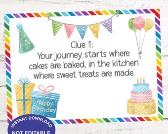Indoor Birthday Scavenger Hunt, Treasure Hunt Clue Cards for Kids, Birthday Party Games, Instant Download, Printable Games for Kids