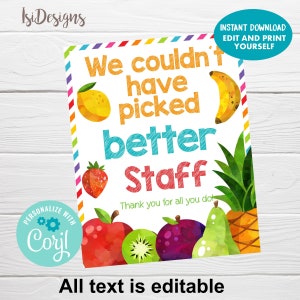 Teacher and Staff Appreciation Editable Sign, Instant Download, Fruit Thank you Appreciation Week, Breakfast Luncheon Fruit Sign