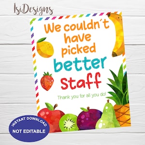 Teacher and Staff Appreciation Sign, Instant Download, Fruit Thank you Printable Appreciation Week, Breakfast Luncheon Fruit Sign