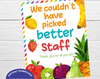 Teacher and Staff Appreciation Sign, Instant Download, Fruit Thank you Printable Appreciation Week, Breakfast Luncheon Fruit Sign