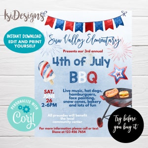 Puede incluir: Un cartel azul y rojo con fondo blanco que anuncia una barbacoa del 4 de julio organizada por la escuela primaria Sun Valley. El cartel presenta una paleta de hielo roja, blanca y azul, una parrilla con hot dogs y hamburguesas, y fuegos artificiales. El evento es el sábado 26 de junio de 2:00 PM a 6:00 PM. El cartel también incluye el texto "Prueba antes de comprar".