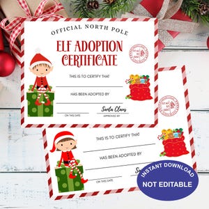 Puede incluir: Dos certificados de adopción de elfos con bordes a rayas rojas y blancas. Los certificados presentan una ilustración de elfo, el texto "Certificado de adopción de elfo" y una línea de firma de Papá Noel. También se muestra un saco rojo de regalos.