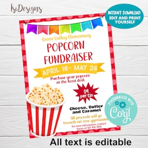 Popcorn Fundraiser Flyer, Editable PTA PTO School Church Popcorn Fundraiser Event, Instant Download, Popcorn Sale Marketing Flyer