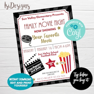 Editable Family Movie Night Flyer, Instant Download, PTA / PTO, School Fundraiser Event