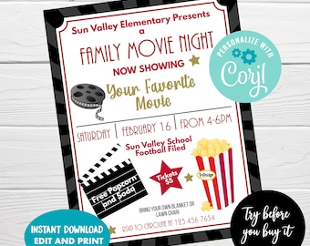 Editable Family Movie Night Flyer, Instant Download, PTA / PTO, School Fundraiser Event