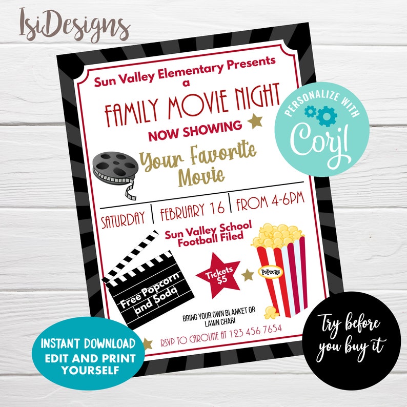 Op de afbeelding: Een uitnodiging voor een Family Movie Night met een rood en zwart ontwerp. De uitnodiging bevat tekst zoals "Family Movie Night", "Your Favorite Movie" en "Gratis Popcorn en Frisdrank".