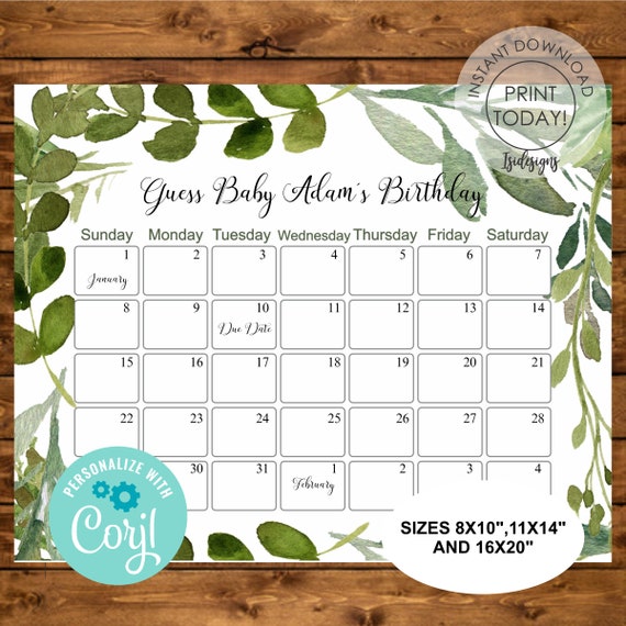 Editable Baby Shower Calendar, Greenery Guess Baby Birthday, Due Date ...