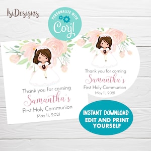 May include: A printable thank you card for a First Holy Communion. The card features a watercolour illustration of a girl in a white dress with a floral wreath. The text reads "Thank you for coming to Samantha's First Holy Communion, May 11, 2021".
