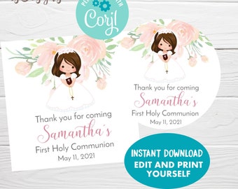 Pode incluir: Um cartão de agradecimento imprimível para uma Primeira Comunhão. O cartão apresenta uma ilustração em aquarela de uma menina com um vestido branco e uma coroa de flores. O texto diz "Obrigado por vir à Primeira Comunhão de Samantha, 11 de maio de 2021".