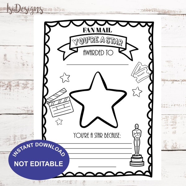 VIP Movie Themed Teacher Appreciation Fan Mail Worksheet, Instant Download, Student Appreciation Coloring Page, Instant Download,