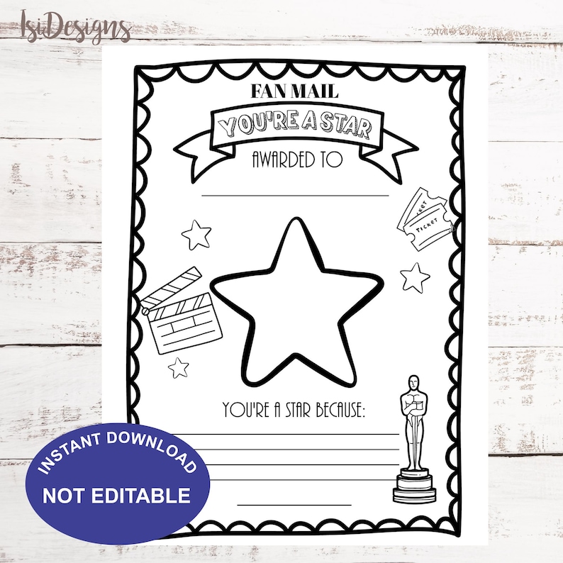 VIP Movie Themed Teacher Appreciation Fan Mail Worksheet, Instant Download, Student Appreciation Coloring Page, Instant Download, image 1