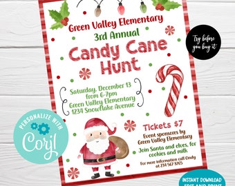 Christmas Candy Cane Fundraiser Flyer Printable PTO PTA School Invitation Kids Party Church Holiday Community Event Editable Template
