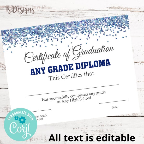 Blue Glitter Graduation Editable Diploma, Instant Download, High School Certificate, College Graduation Diploma, Achievement Certificate