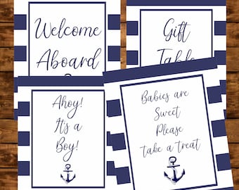 Nautical Baby Shower Signs, Printable Nautical Navy Anchor Signs, Instant Download, Baby Shower Gift Table, Welcome Aboard, Ahoy its a boy