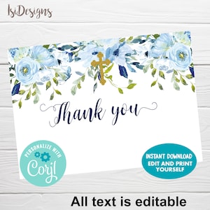 Editable First Holy Communion thank you card, Instant Download, Blue Floral Holy Communion, Tarjeta Primera Comunión