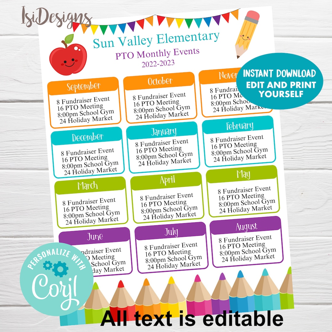 Editable PTO PTA Monthly Events Calendar, Parent Volunteer Newsletter