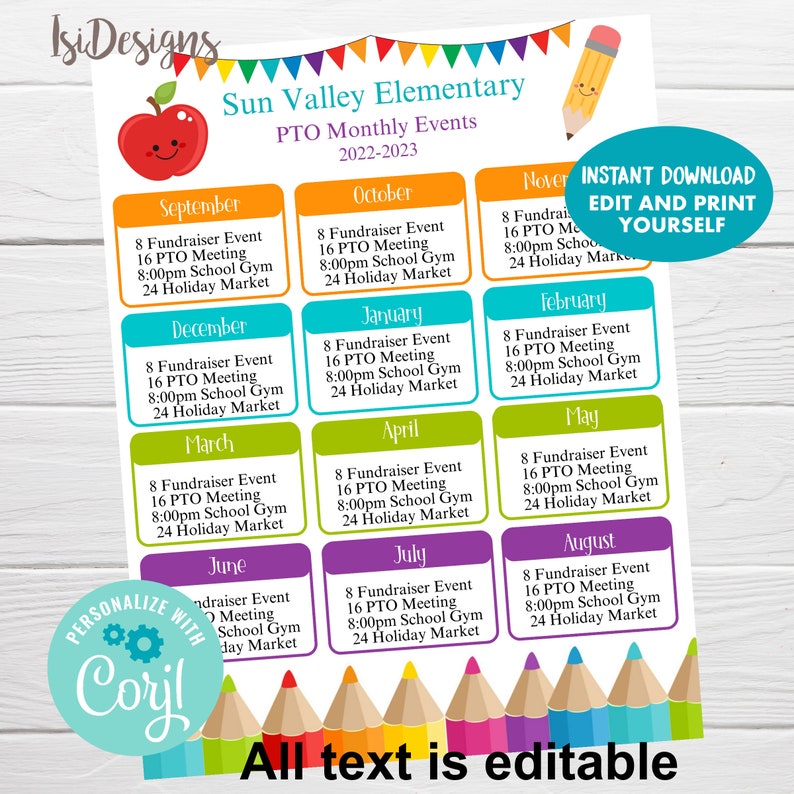 Editable PTO PTA Monthly Events Calendar Parent Volunteer Etsy