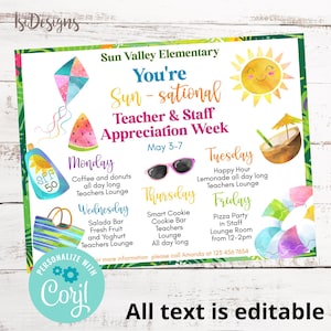 You are Sun-sational Appreciation Week Itinerary, Editable Beach Themed Teacher Staff Appreciation Schedule Events, Appreciation Week Flyer