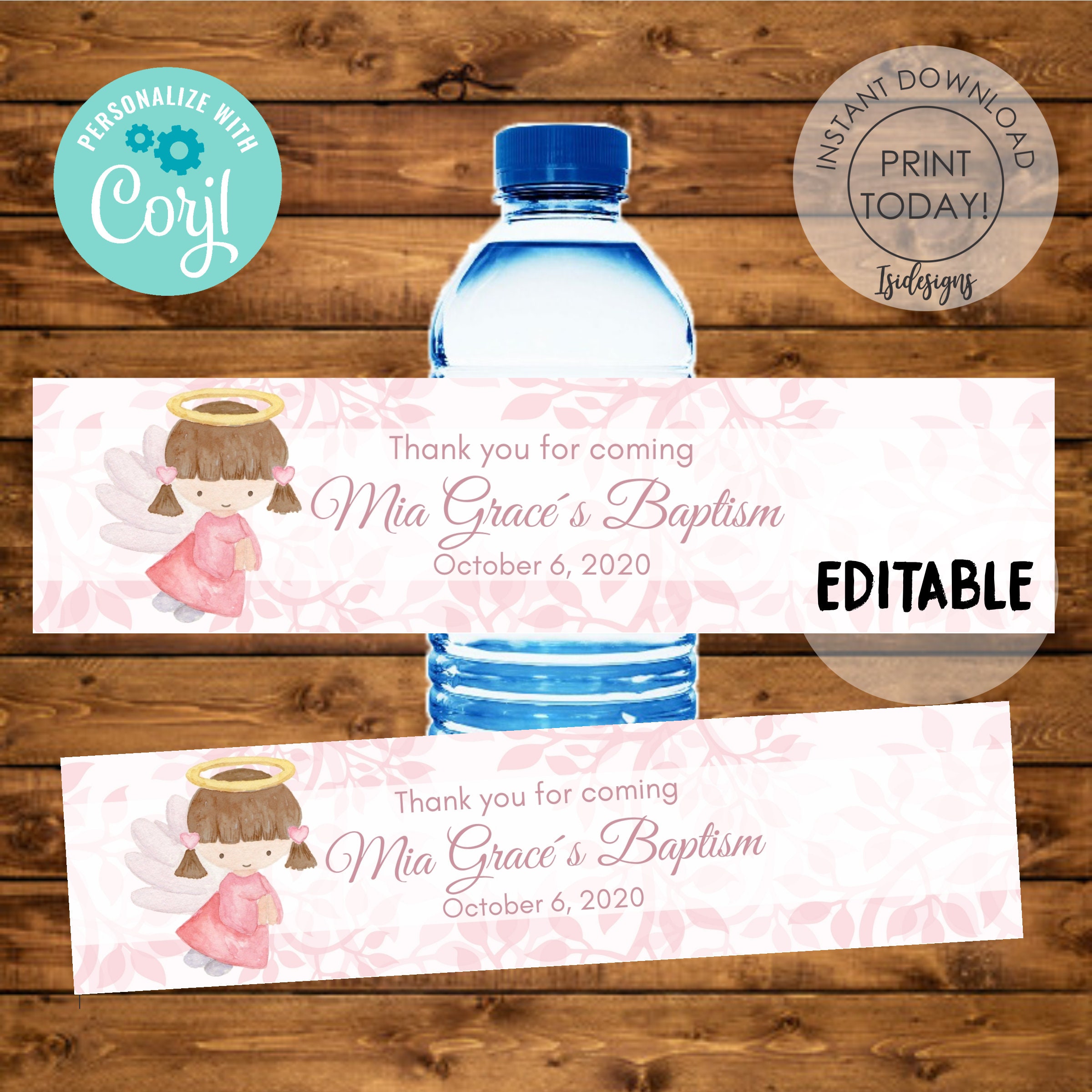 Editable Pink Baptism Water Bottle Label Girl Baptism Favor Etsy