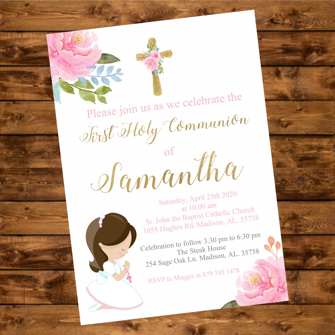 First Holy Communion Invitation Little Girl Praying First | Etsy