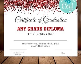 High School & College Graduation Certificate - Editable Diploma - Achievement Certificate - Red Glitter Graduation