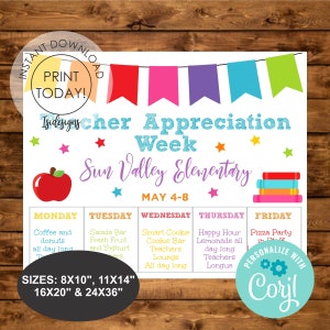 May include: A colorful printable poster for Teacher Appreciation Week at Sun Valley Elementary. The poster features a calendar with daily activities for teachers, including coffee and donuts, a salad bar, a cookie bar, lemonade, and a pizza party. The poster is decorated with stars, flags, and a stack of books.
