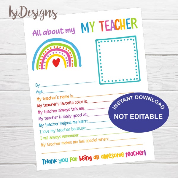 All About My Teacher Rainbow Fill in the Blanks Letter, Instant Download, Teacher Appreciation, End of School Gift
