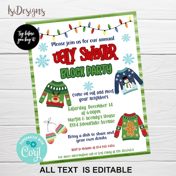 Ugly Sweater Block Party Editable Invitation, Holiday Party Flyer