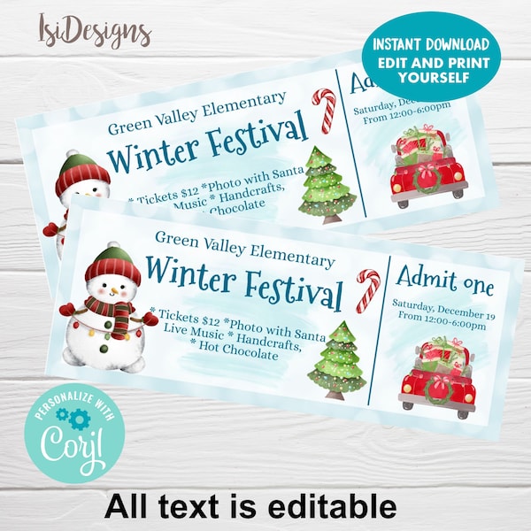 Winter Festival Editable Ticket, Instant Download, Holiday Fundraiser Event, PTO/PTA School Church Community Event Ticket, Christmas Event