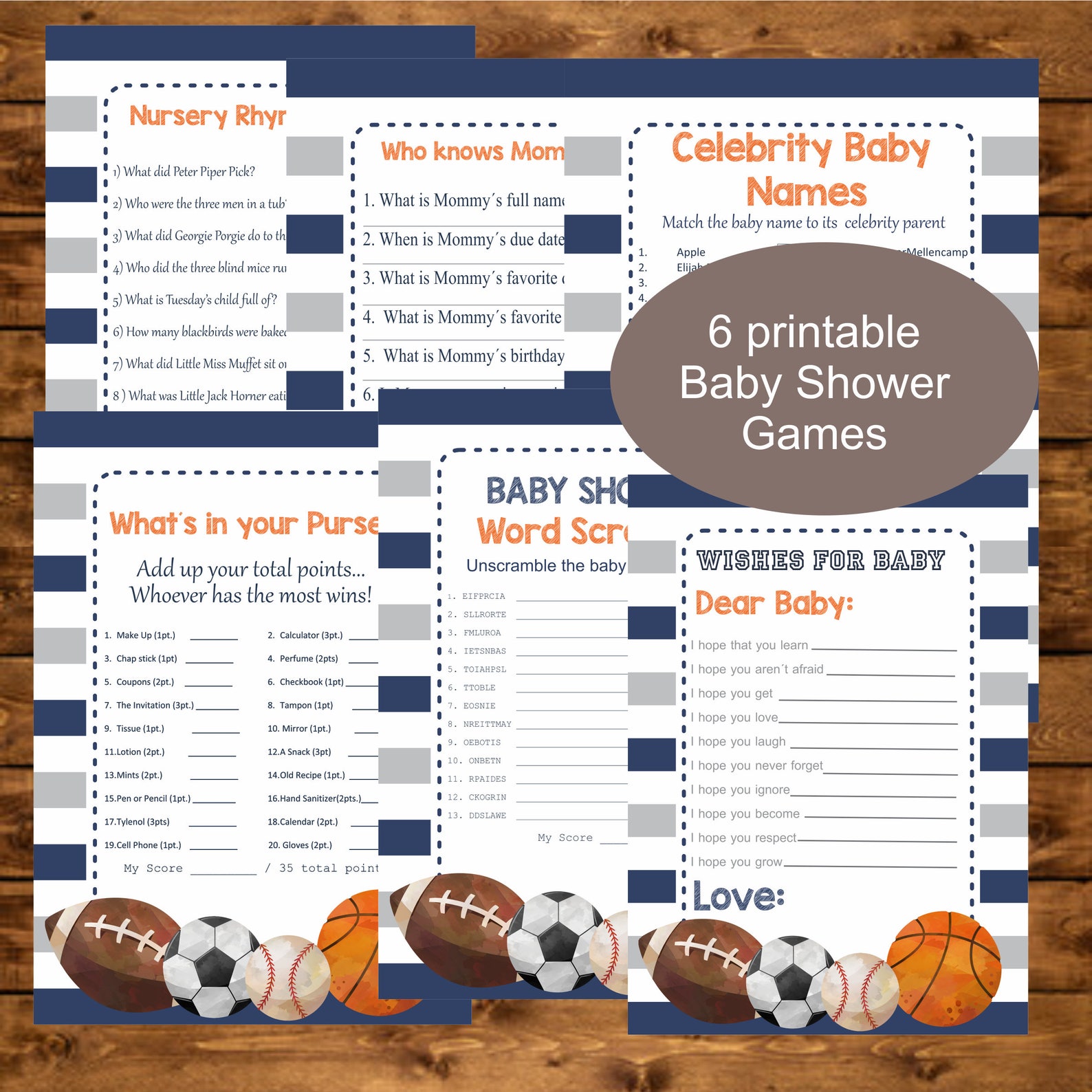 Sports Baby Shower Game Package Six Printable Games Instant - Etsy