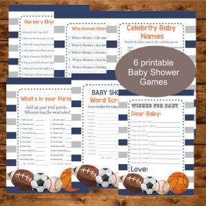 Sports Baby Shower Game Package, Six Printable Games, Instant Download, All Star Baby Shower Printable Games, Football Soccer BaseBall