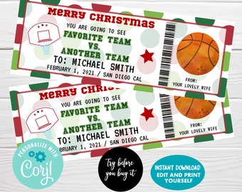 May include: Two basketball game tickets with a red, green, and white design. The tickets read "Merry Christmas" and include the text "Favorite Team vs. Another Team" and "To: Michael Smith." A basketball graphic is on the right.