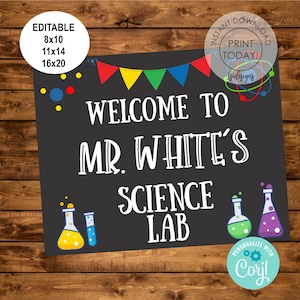 Bearbeitbares Klassenzimmer-Willkommensschild, Sofort-Download, Klassenzimmer-Tafelschild, druckbares Schild für das Wissenschaftslabor
