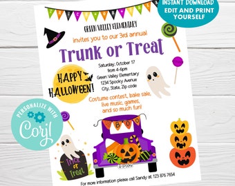 Könnte beinhalten: Eine Halloween Trunk or Treat Veranstaltungsvorlage mit einem lila Truck, Geistern, Kürbissen und Süßigkeiten. Der Text enthält Green Valley Elementary, 3rd annual Trunk or Treat, Samstag, 17. Oktober, 16-18 Uhr, 1234 Spooky Avenue und Kontaktdaten. Der gesamte Text ist bearbeitbar.